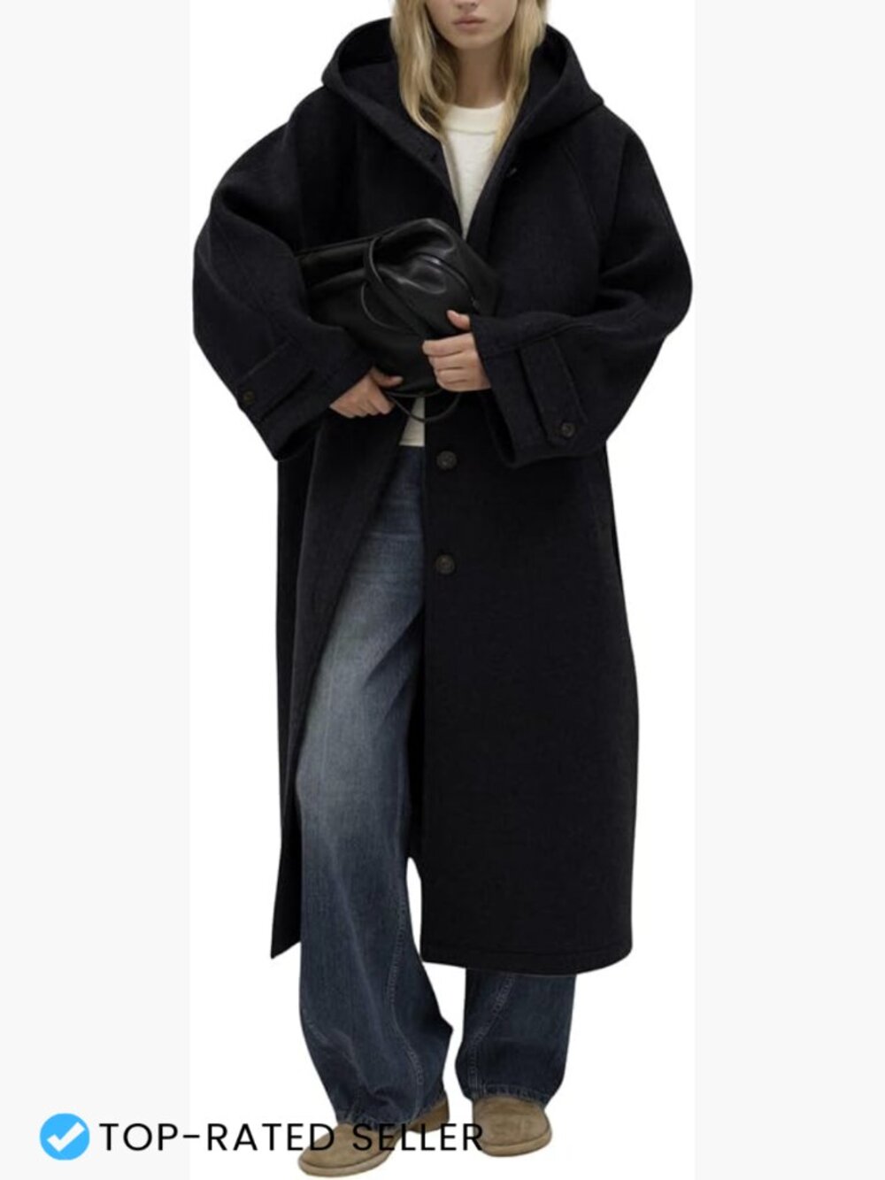Wool Blend Trench Coat Hooded Single Breasted Loose Fit Long Overcoat Winter